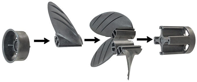 Expanded view of a Piranha Propeller showing the aluminum core hub, the blades, and the propeller cap